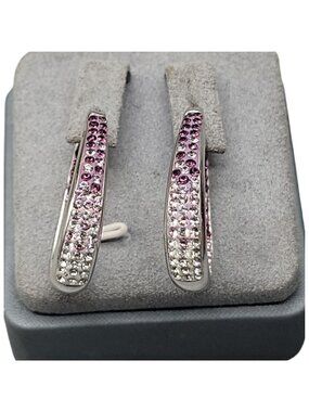 CT Thailand 925 Crystal Teardrop Hoop Earrings Clear & Purple 1"L x 1/2"W